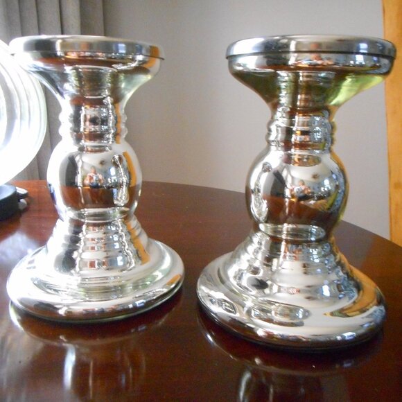 IKEA SKIMMER pr candlestick holders Disc'd Glass Chrome Silver 7"x4"dia x 5"bas - Picture 1 of 3